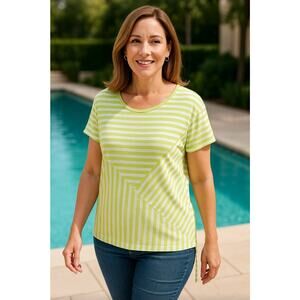 Chico’s Size 3 XL Green White Stripe Asymmetrical Tunic Top ShrtSlve LinenBlend